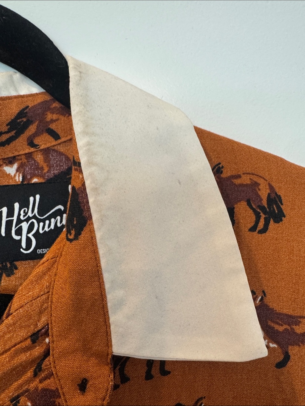 Hell Bunny Rust Fox Print Mini Dress with Cream Collar - Picture 7 of 8